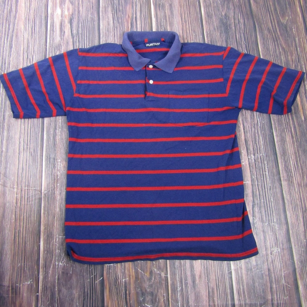 Puritan Polo Shirt Mens Large Blue Red Striped Cotton Collared Pocket Casual